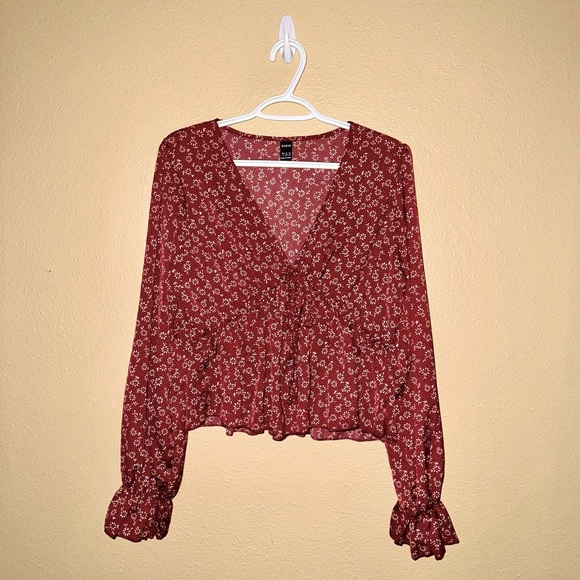 Floral red long-sleeve blouse with elastic waste and sleeves - Picture 4 of 8